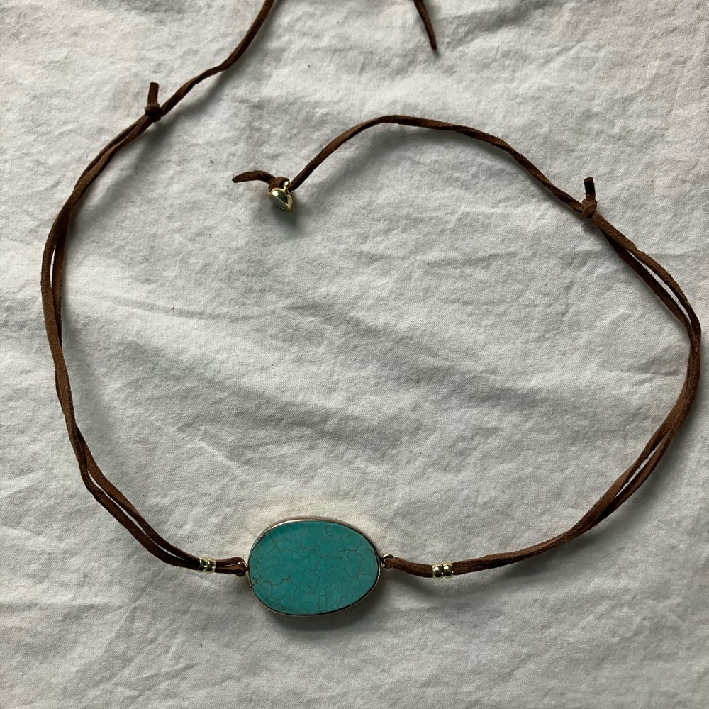 Turquoise and Brown Suede Choker Necklace
